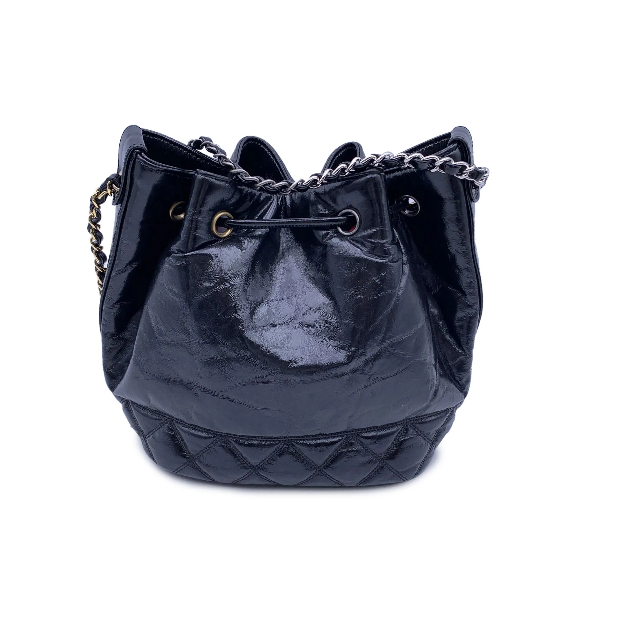 Chanel Black Glossy Leather CC Logo Bucket Drawstring Shoulder Bag