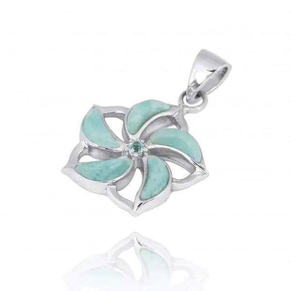 Hibiscus Shaped Sterling Silver Pendant Necklace with Larimar and Swiss Blue Topaz